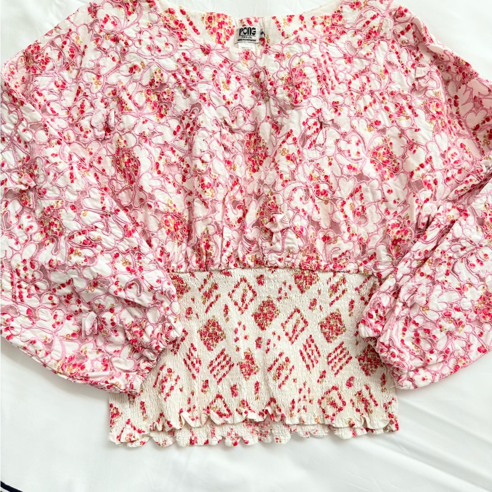 PONG POCO Ltd  Embroidered Floral Pink & White Feminine Blouse size S